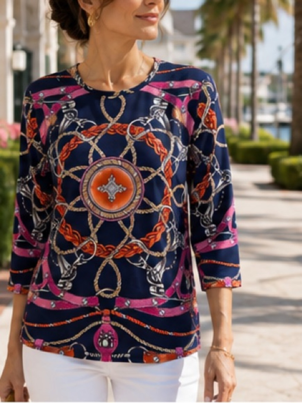 J McLaughlin Signature Tee NWT $168 Navy Nautical Rope Print Cornwall  Large